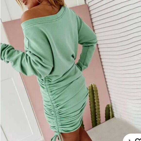 Women's drawstring ruched sides mini dress, super soft, mint green, S - Picture 5 of 9
